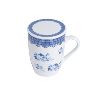 2176 CANECA DE PORCELANA SUPER WHITE C/TAMPA E FILTRO GRECIA AZUL/BRANCA 310ML
