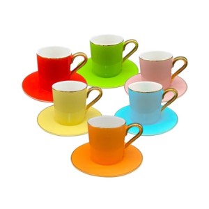 29195 JOGO 12PECAS PARA CAFE FANZINI NEW EM BONE CHINA BORDA DOURADA 100ML COLORIDO