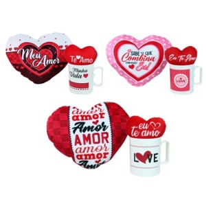 FC2778 KIT CAIXA GRANDE PRESENTE 1 CANECA 2 ALMOFADAS CORACAO
