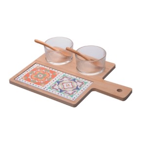 20821 CONJ 6 PECAS PETISQUEIRAS COM COLHER E BANDEJA BAMBU TABUA LADRILHO 32X22,5CM