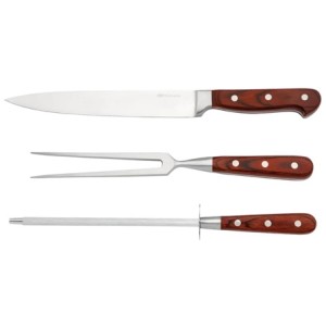 25576 JOGO DE 3 PECAS (FACA, GARFO E CHAIRA) HANZZO WOOD EM ACO INOX FORJADO