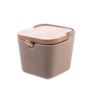 17896 SALEIRO DE CERAMICA C/TAMPA E COLHER DE BAMBU AREIA 10X10,5X10CM