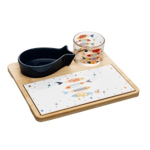 21007 CONJ 4 PETISQUEIRA DE VIDRO COM BOWL BANDEJA DE BAMBU E TABUA IKI