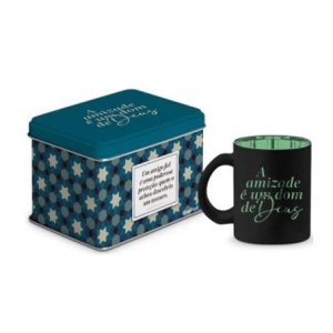 14851 CANECA VIDRO DIAMOND METALIC LATA AMIZADE DOM DE DEUS