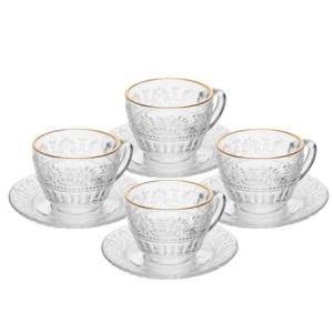 21571 CONJUNTO 4 XICARAS DE CHA COM PIRES MAUVE COM FIO DE OURO 220ML